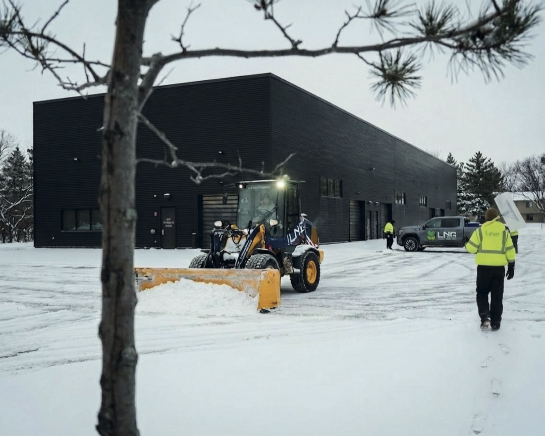 A snow plow clears snow at a commercial property while workers in safety vests coordinate the operation.