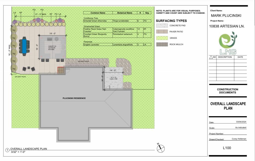 A landscape plan drawing showing an outdoor kitchen and patio layout with labeled areas and material sections.