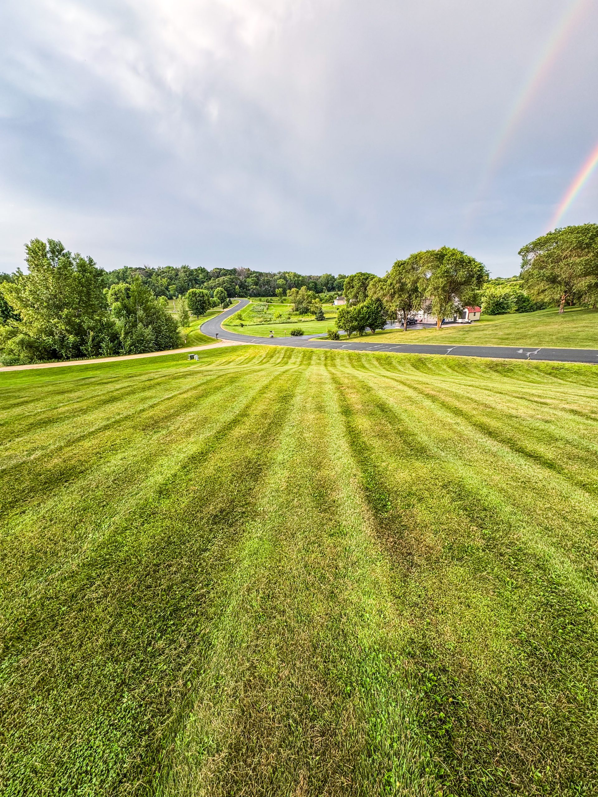 A wide, freshly mowed lawn with clean stripes and a peaceful tree-lined background.