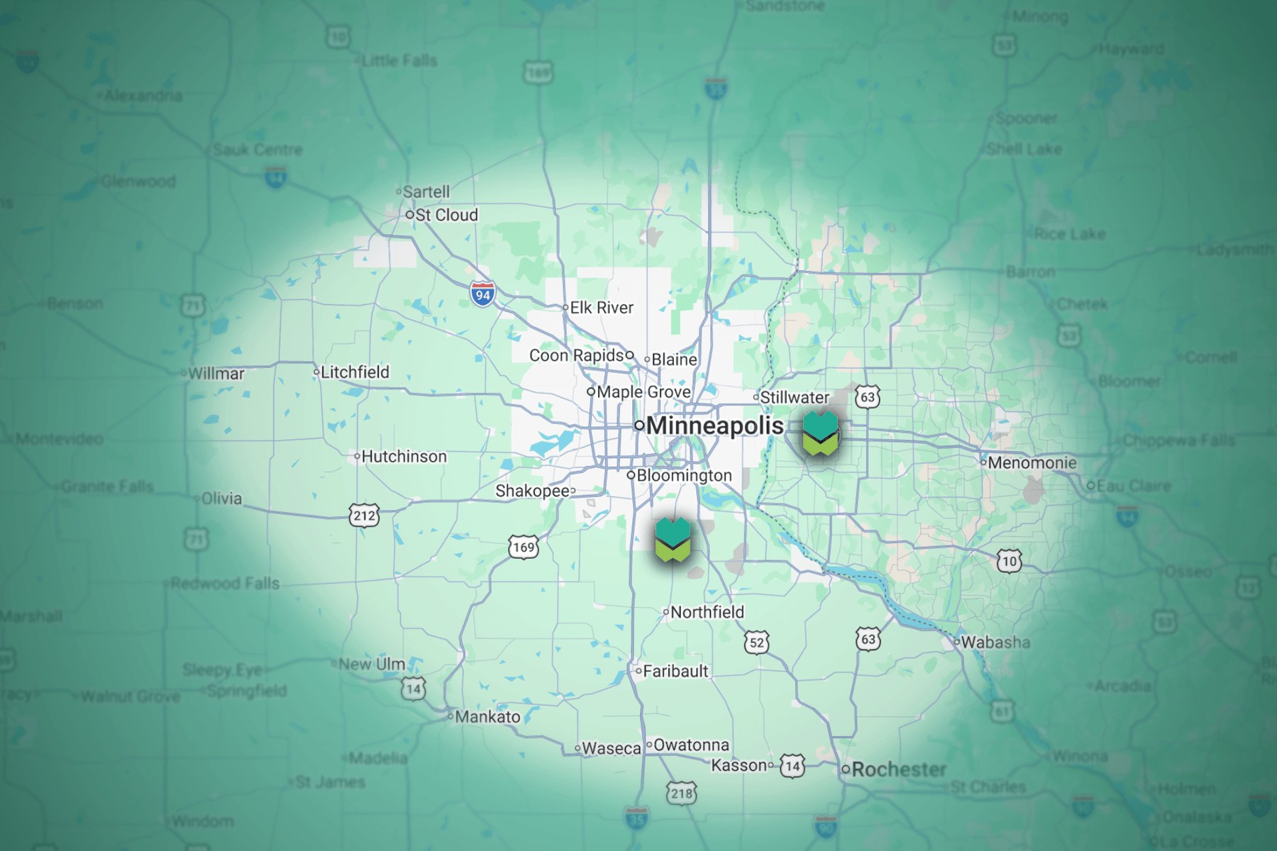 A map showing the extent of LNG's service area, encompassing all of the greater Minneapolis area and into Wisconsin